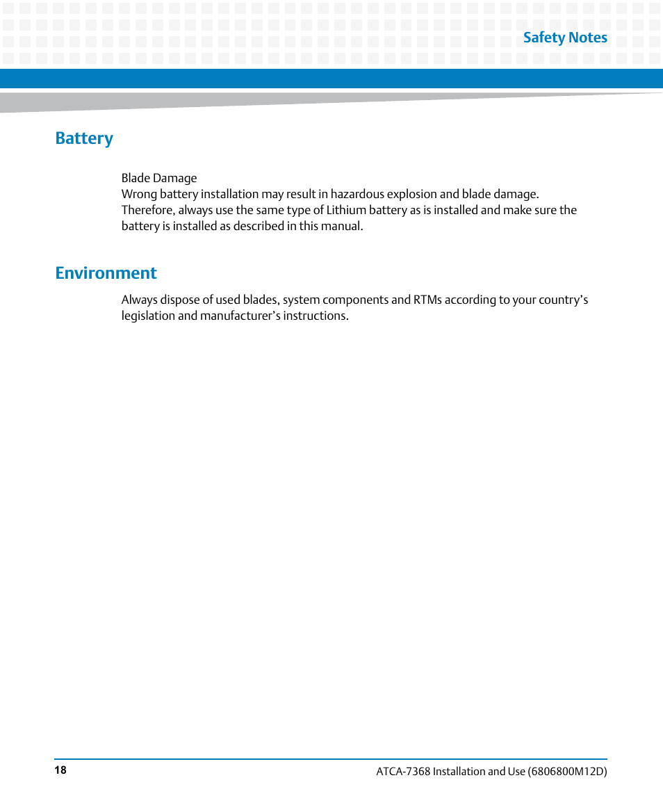 Battery, Environment | Artesyn ATCA-7368 Installation and Use (June 2014) User Manual | Page 18 / 222