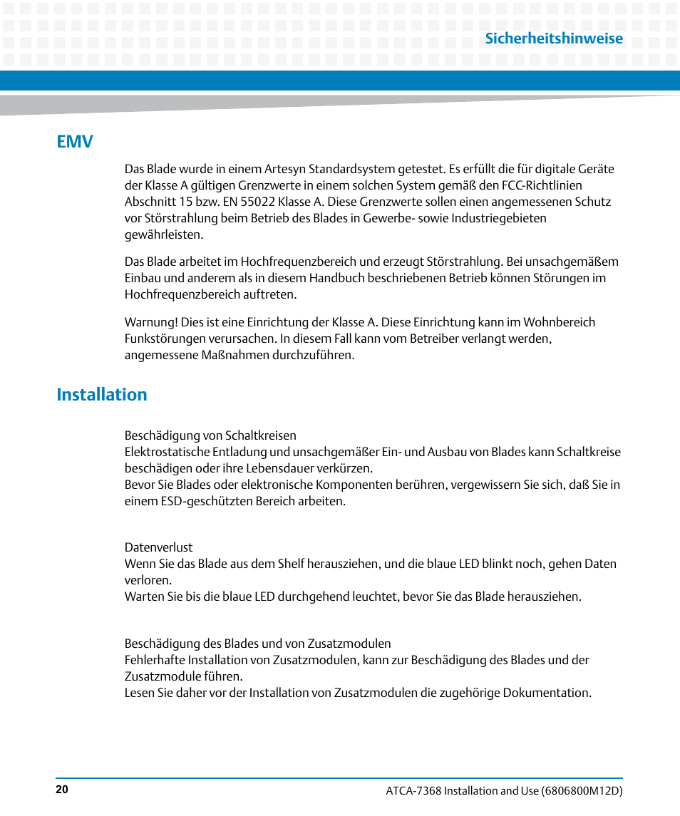 Installation | Artesyn ATCA-7368 Installation and Use (June 2014) User Manual | Page 20 / 222