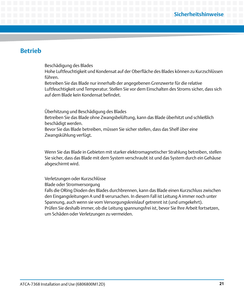 Betrieb | Artesyn ATCA-7368 Installation and Use (June 2014) User Manual | Page 21 / 222