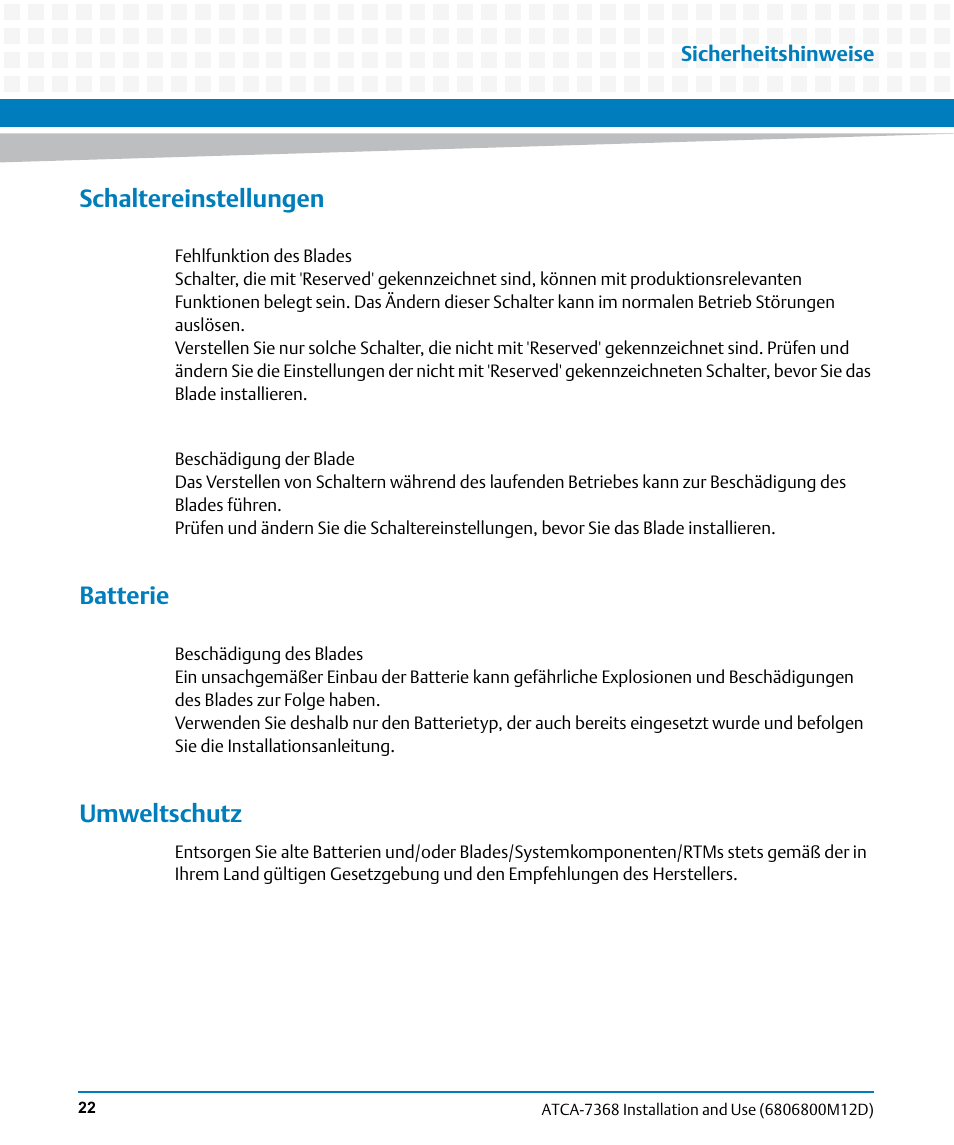 Schaltereinstellungen, Batterie, Umweltschutz | Artesyn ATCA-7368 Installation and Use (June 2014) User Manual | Page 22 / 222