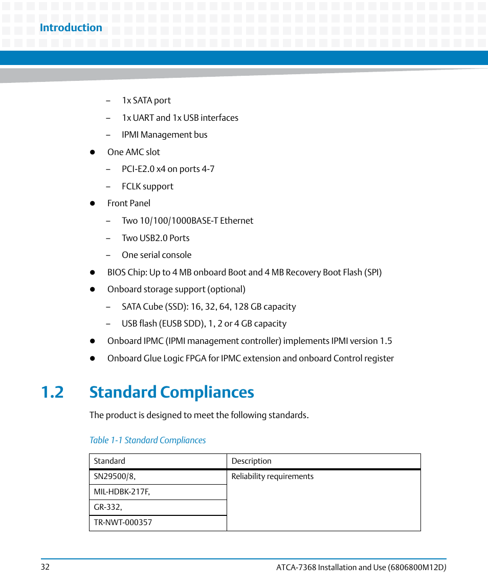 2 standard compliances, Table 1-1, Standard compliances | Introduction | Artesyn ATCA-7368 Installation and Use (June 2014) User Manual | Page 32 / 222