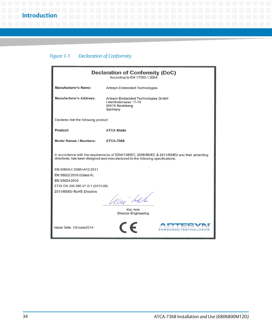 Figure 1-1, Declaration of conformity, Introduction | Artesyn ATCA-7368 Installation and Use (June 2014) User Manual | Page 34 / 222