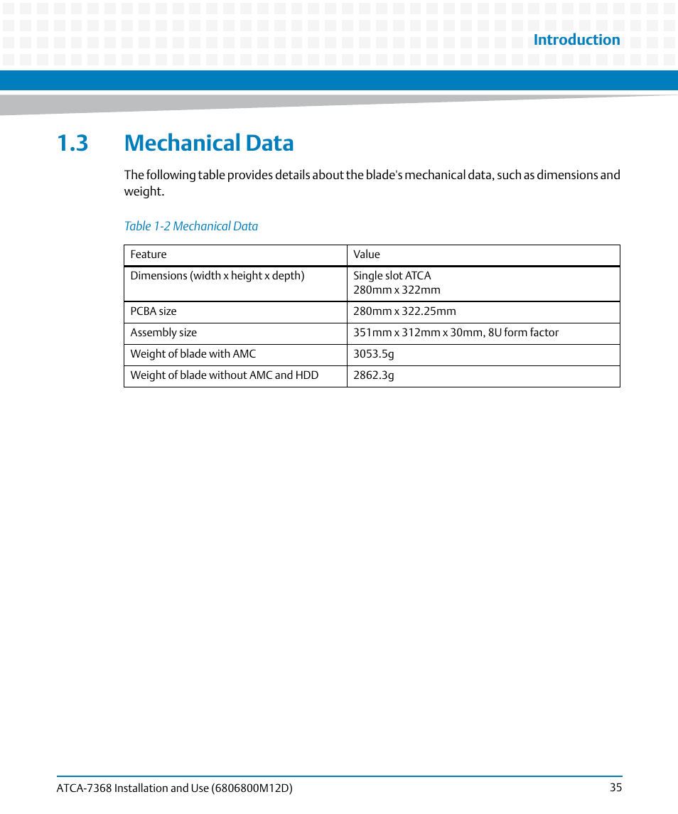 3 mechanical data, Table 1-2, Mechanical data | Introduction | Artesyn ATCA-7368 Installation and Use (June 2014) User Manual | Page 35 / 222