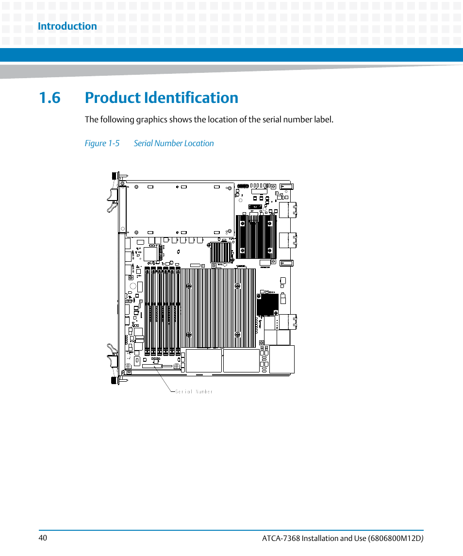 6 product identification, Figure 1-5, Serial number location | Artesyn ATCA-7368 Installation and Use (June 2014) User Manual | Page 40 / 222