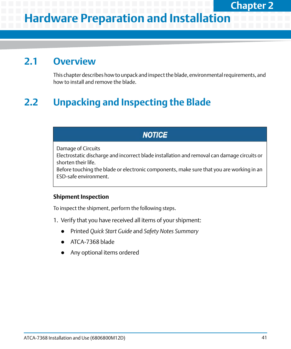 Hardware preparation and installation, 1 overview, 2 unpacking and inspecting the blade | 1 overview 2.2 unpacking and inspecting the blade, Chapter 2 | Artesyn ATCA-7368 Installation and Use (June 2014) User Manual | Page 41 / 222