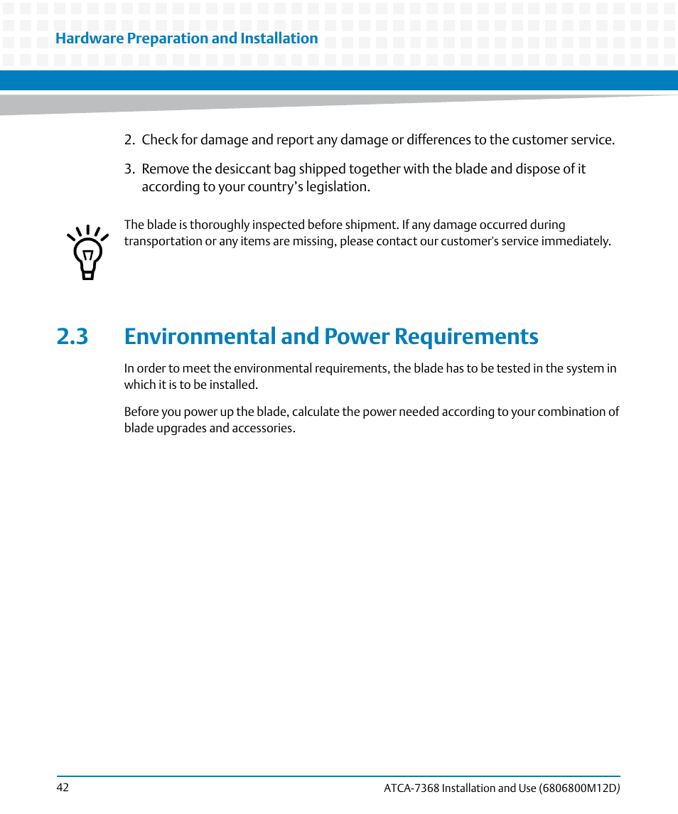 3 environmental and power requirements | Artesyn ATCA-7368 Installation and Use (June 2014) User Manual | Page 42 / 222
