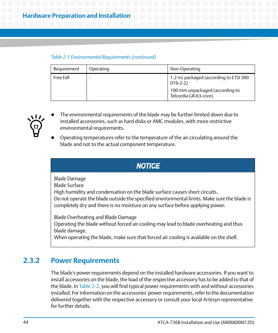 2 power requirements, Hardware preparation and installation | Artesyn ATCA-7368 Installation and Use (June 2014) User Manual | Page 44 / 222