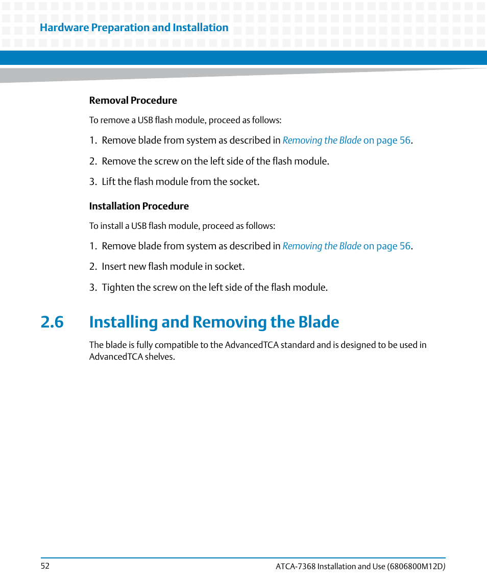 6 installing and removing the blade, Installing and removing the blade, Scribed in | Artesyn ATCA-7368 Installation and Use (June 2014) User Manual | Page 52 / 222