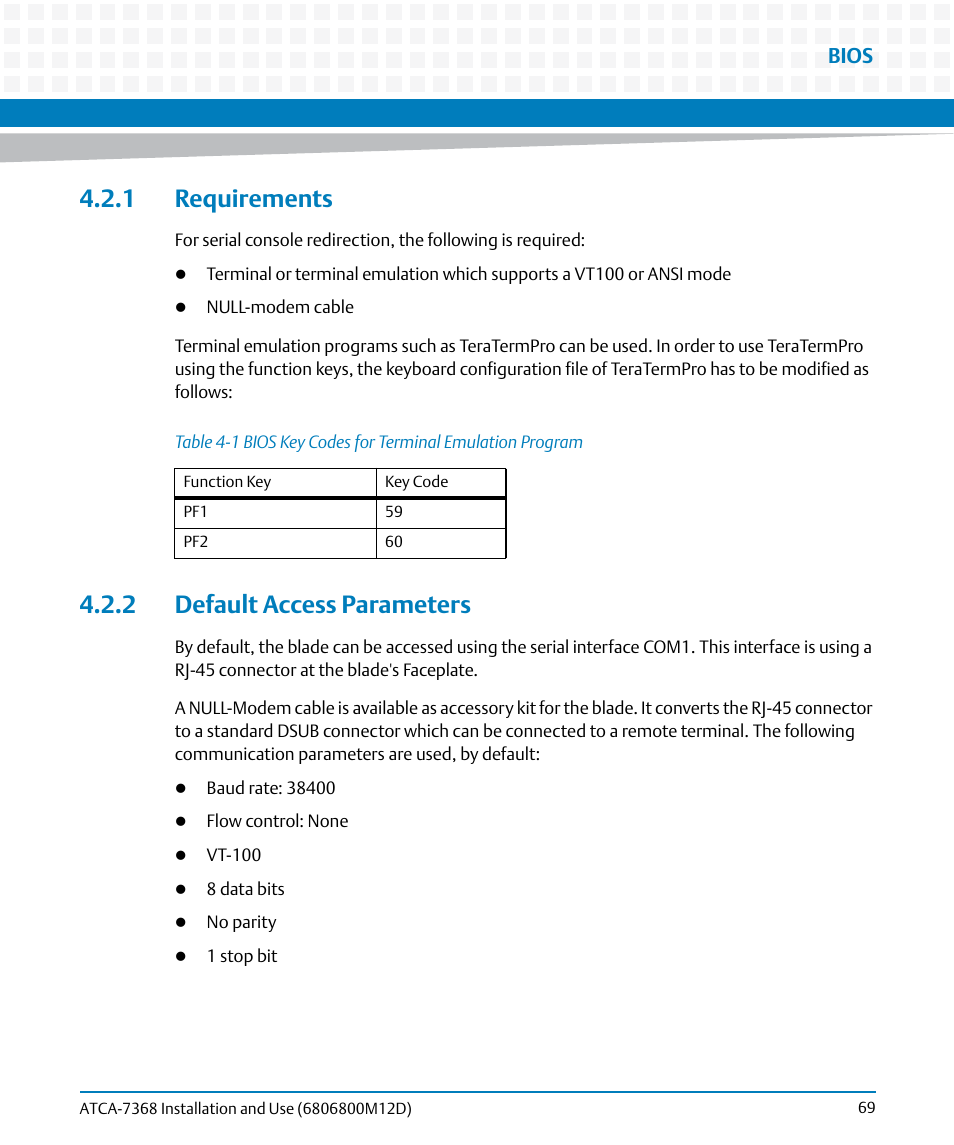 1 requirements, 2 default access parameters, 1 requirements 4.2.2 default access parameters | Table 4-1, Bios key codes for terminal emulation program, Bios | Artesyn ATCA-7368 Installation and Use (June 2014) User Manual | Page 69 / 222