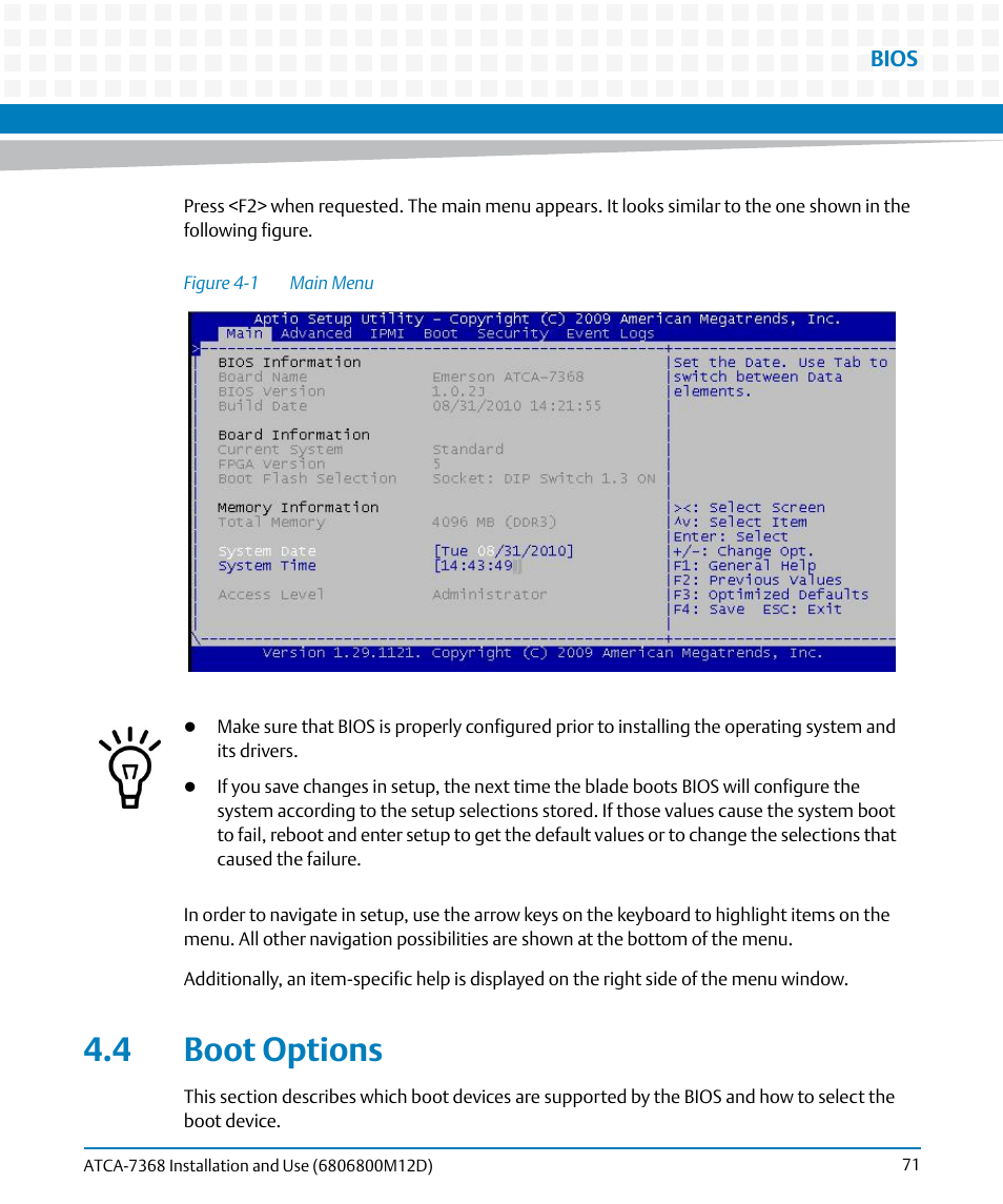 4 boot options, Figure 4-1, Main menu | Artesyn ATCA-7368 Installation and Use (June 2014) User Manual | Page 71 / 222