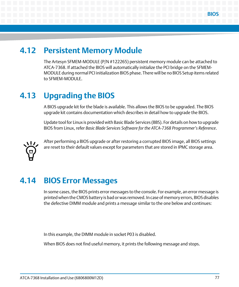 12 persistent memory module, 13 upgrading the bios, 14 bios error messages | Artesyn ATCA-7368 Installation and Use (June 2014) User Manual | Page 77 / 222