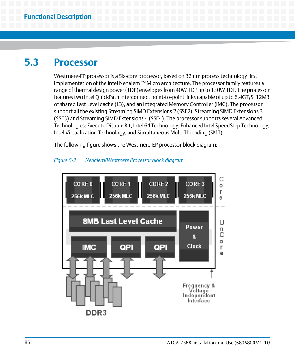 3 processor, Figure 5-2, Nehalem/westmere processor block diagram | Artesyn ATCA-7368 Installation and Use (June 2014) User Manual | Page 86 / 222