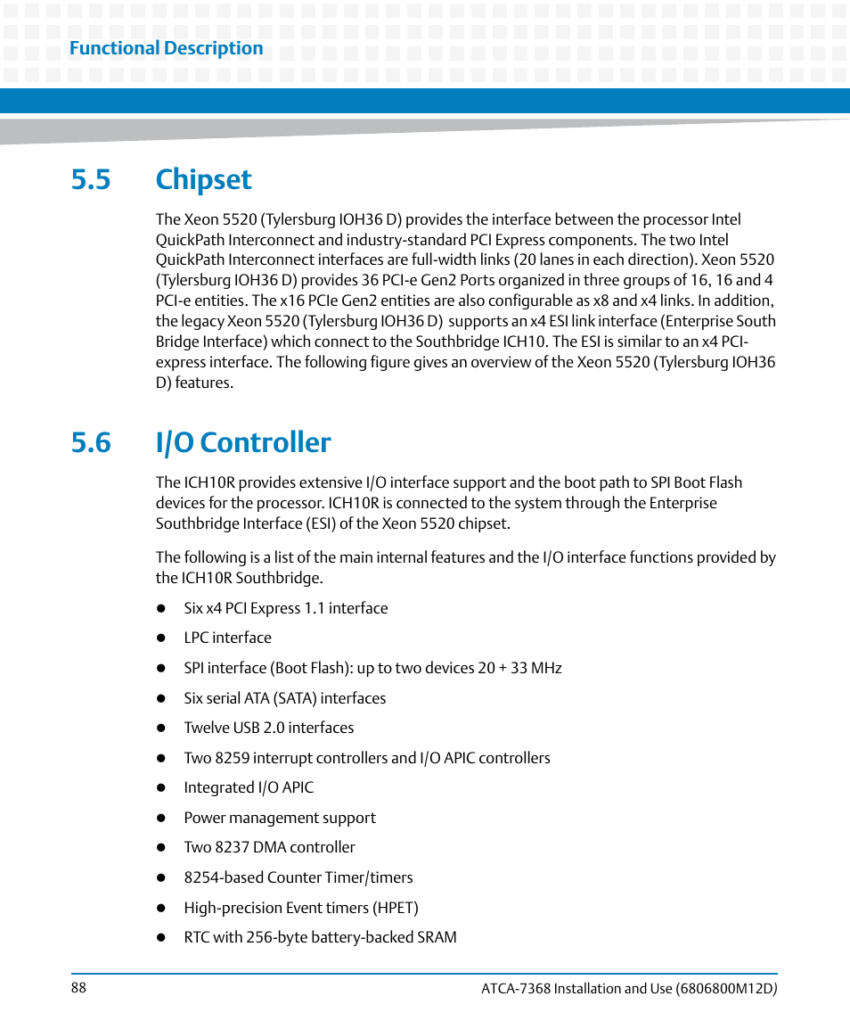 5 chipset, 6 i/o controller, 5 chipset 5.6 i/o controller | Artesyn ATCA-7368 Installation and Use (June 2014) User Manual | Page 88 / 222