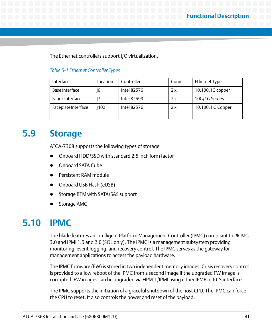 9 storage, 10 ipmc, 9 storage 5.10 ipmc | Table 5-1, Ethernet controller types, Table "ethernet, Functional description | Artesyn ATCA-7368 Installation and Use (June 2014) User Manual | Page 91 / 222