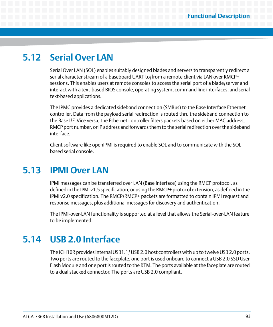 12 serial over lan, 13 ipmi over lan, 14 usb 2.0 interface | Artesyn ATCA-7368 Installation and Use (June 2014) User Manual | Page 93 / 222