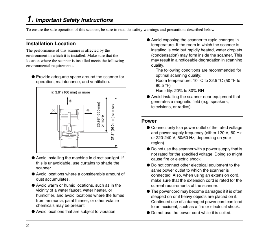 Important safety instructions, Installation location, Power | Installation location power | Canon IMAGEFORMULA DR-X10C User Manual | Page 10 / 67