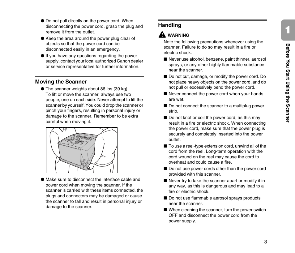 Moving the scanner, Handling, Moving the scanner handling | Canon IMAGEFORMULA DR-X10C User Manual | Page 11 / 67