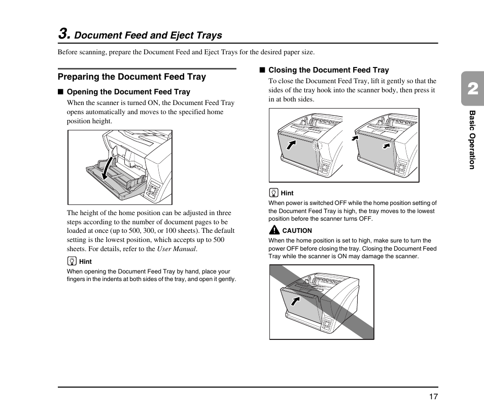 Document feed and eject trays, Preparing the document feed tray | Canon IMAGEFORMULA DR-X10C User Manual | Page 25 / 67