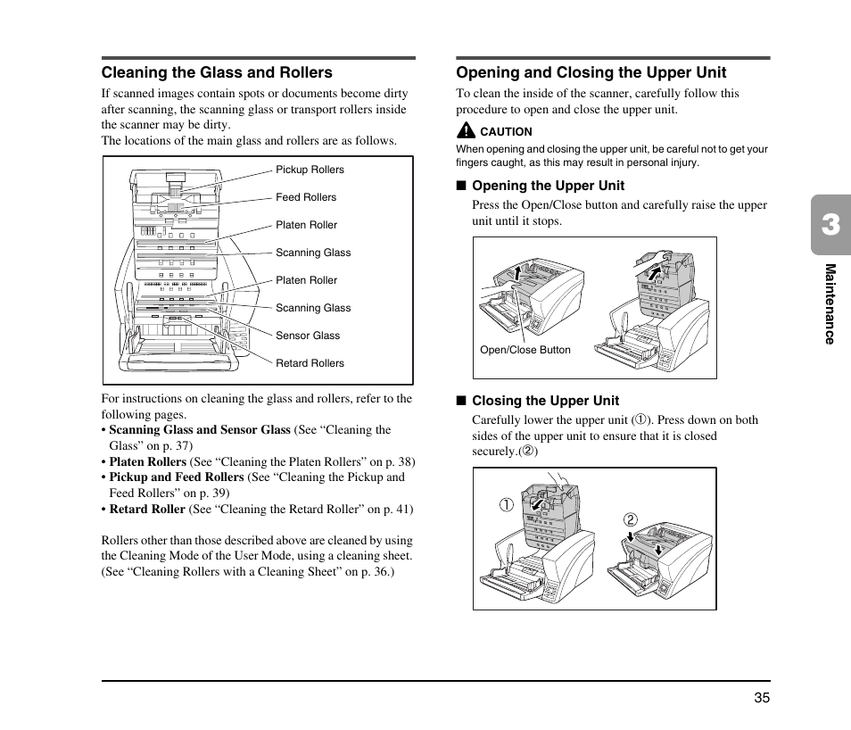 Cleaning the glass and rollers, Opening and closing the upper unit | Canon IMAGEFORMULA DR-X10C User Manual | Page 43 / 67