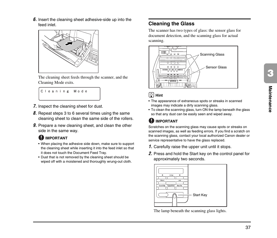 Cleaning the glass, See “cleaning the, Glass” on p. 37) | Canon IMAGEFORMULA DR-X10C User Manual | Page 45 / 67