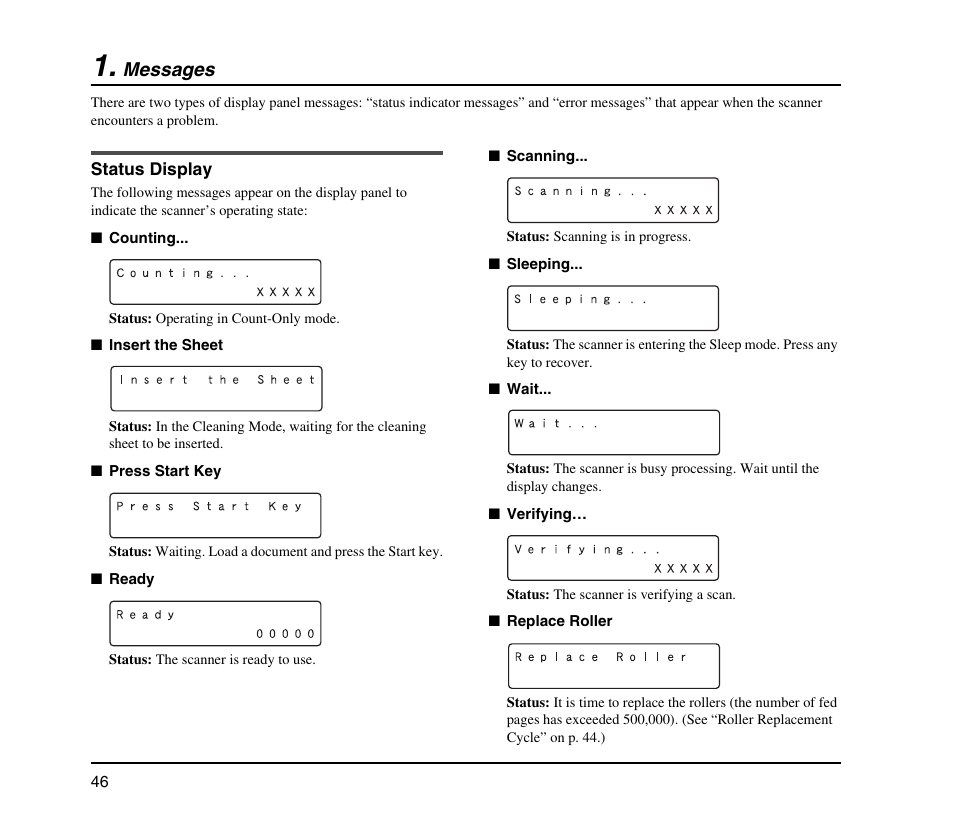 Messages, Status display | Canon IMAGEFORMULA DR-X10C User Manual | Page 54 / 67