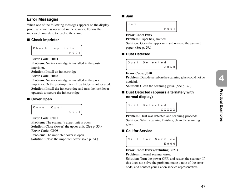 Error messages | Canon IMAGEFORMULA DR-X10C User Manual | Page 55 / 67