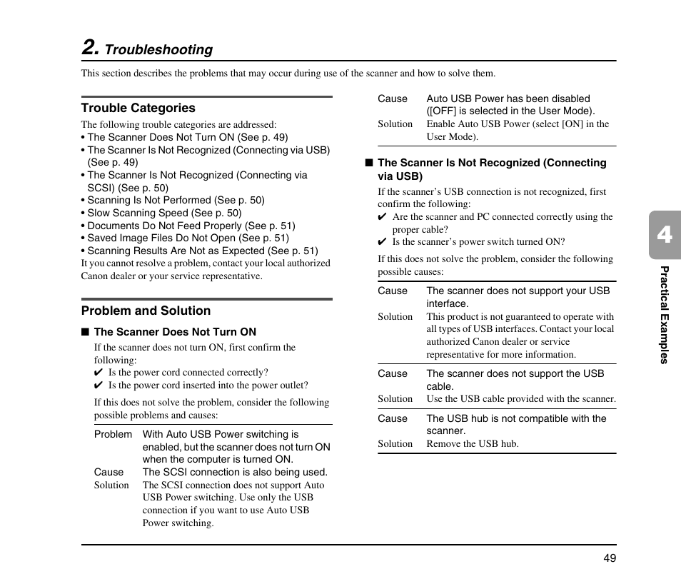 Troubleshooting, Trouble categories, Problem and solution | Trouble categories problem and solution | Canon IMAGEFORMULA DR-X10C User Manual | Page 57 / 67