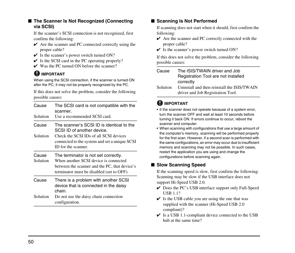 The scanner is not recognized (connecting via, Scsi) (see p. 50), Scanning is not performed (see p. 50) | Slow scanning speed (see p. 50) | Canon IMAGEFORMULA DR-X10C User Manual | Page 58 / 67