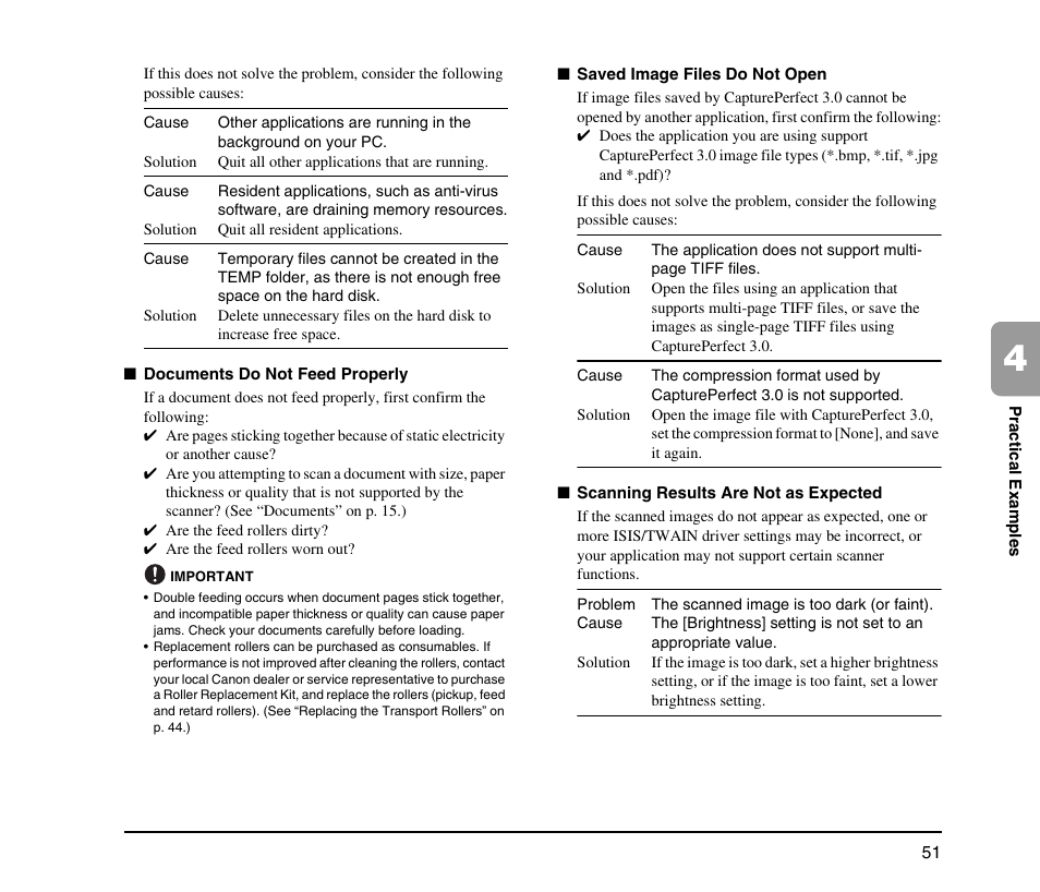 Documents do not feed properly (see p. 51), Saved image files do not open (see p. 51), Scanning results are not as expected (see p. 51) | Canon IMAGEFORMULA DR-X10C User Manual | Page 59 / 67