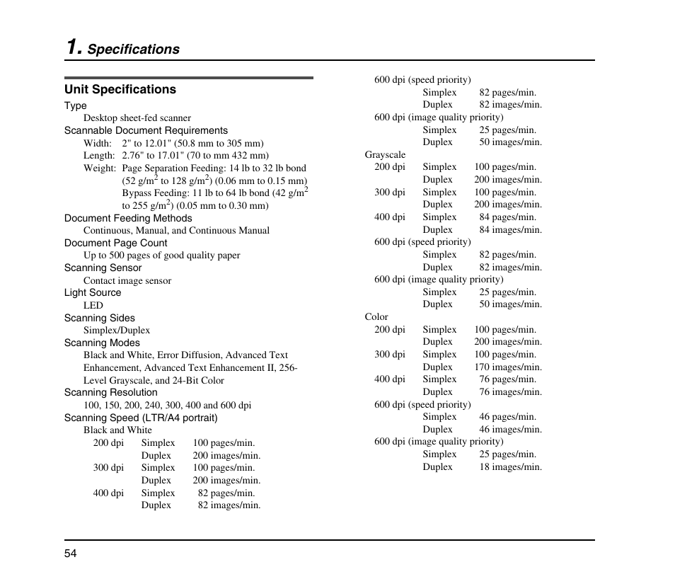 Specifications, Unit specifications | Canon IMAGEFORMULA DR-X10C User Manual | Page 62 / 67