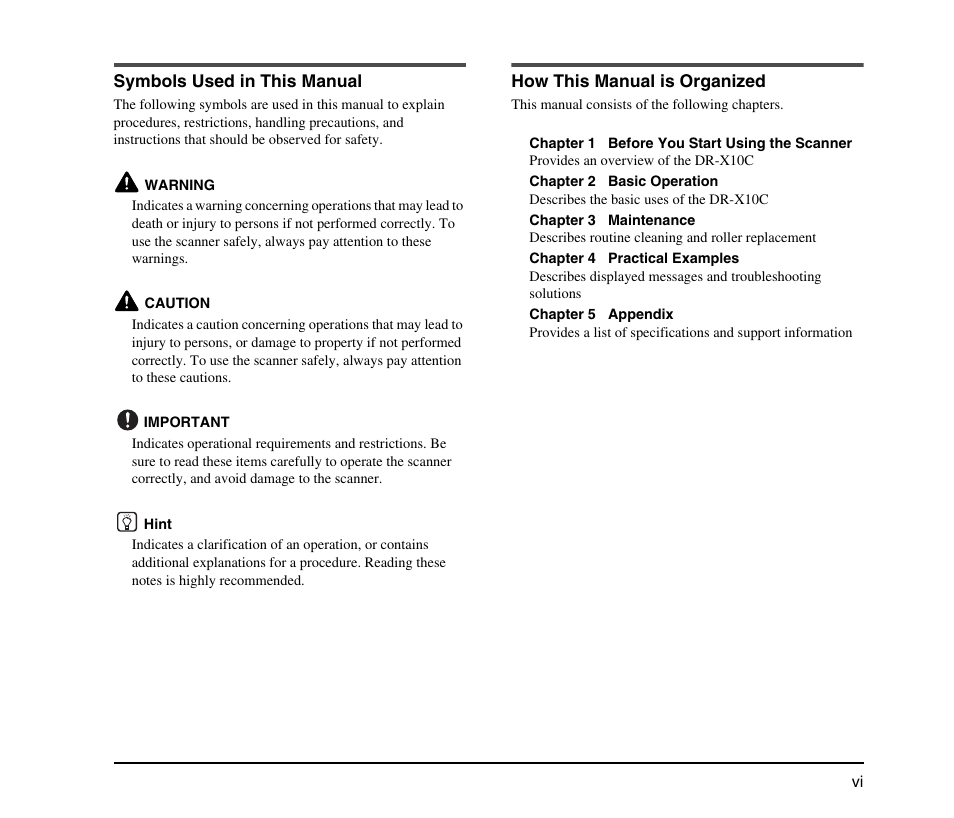 Symbols used in this manual, How this manual is organized | Canon IMAGEFORMULA DR-X10C User Manual | Page 7 / 67