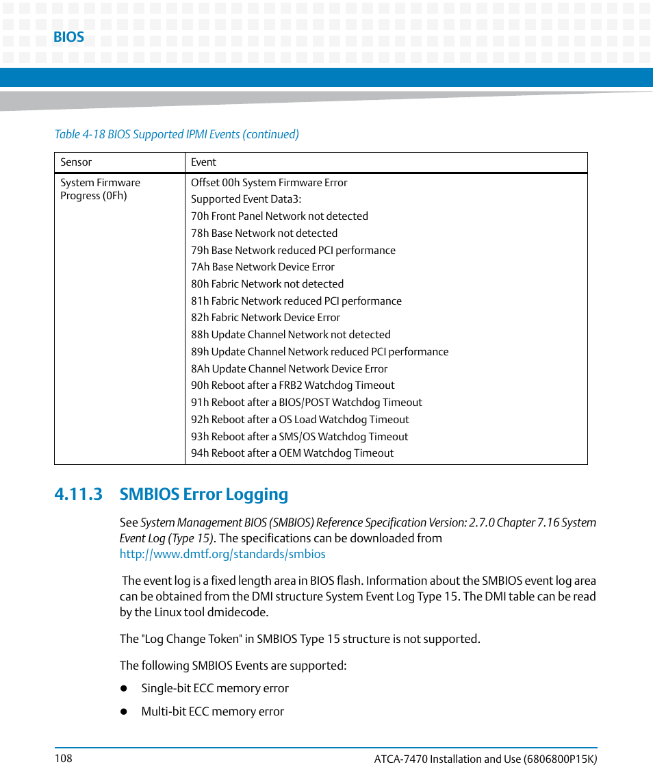 3 smbios error logging, Bios | Artesyn ATCA-7470 Installation and Use (October 2014) User Manual | Page 108 / 284