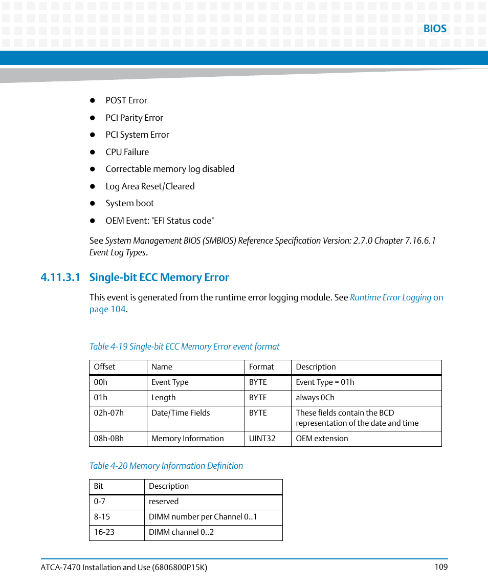 1 single-bit ecc memory error, Table 4-19, Single-bit ecc memory error event format | Table 4-20, Memory information definition, Bios | Artesyn ATCA-7470 Installation and Use (October 2014) User Manual | Page 109 / 284