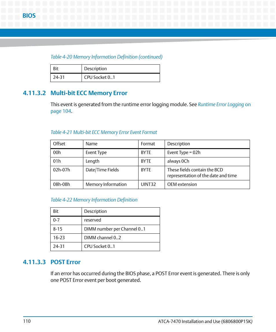 2 multi-bit ecc memory error, 3 post error, 2 multi-bit ecc memory error 4.11.3.3 post error | Table 4-21, Multi-bit ecc memory error event format, Table 4-22, Memory information definition, Bios | Artesyn ATCA-7470 Installation and Use (October 2014) User Manual | Page 110 / 284