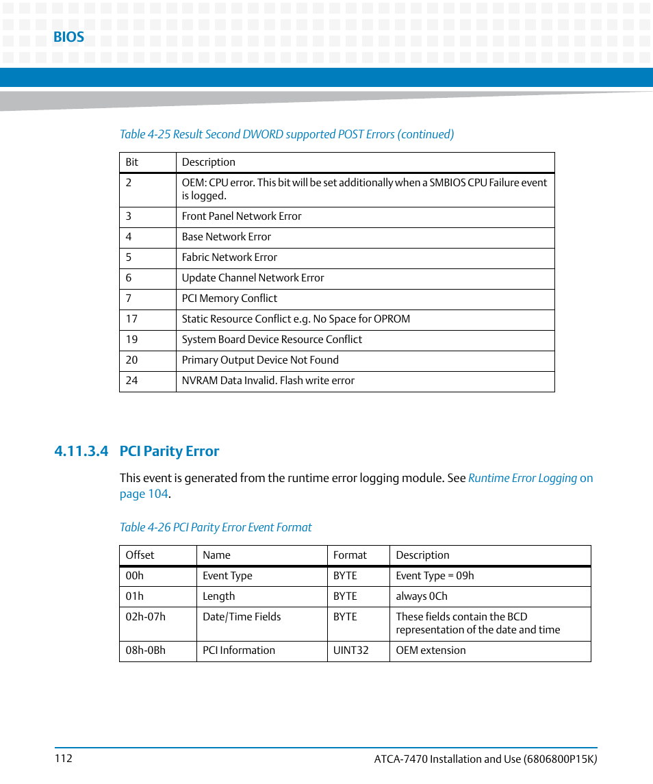 4 pci parity error, Table 4-26, Pci parity error event format | Bios | Artesyn ATCA-7470 Installation and Use (October 2014) User Manual | Page 112 / 284