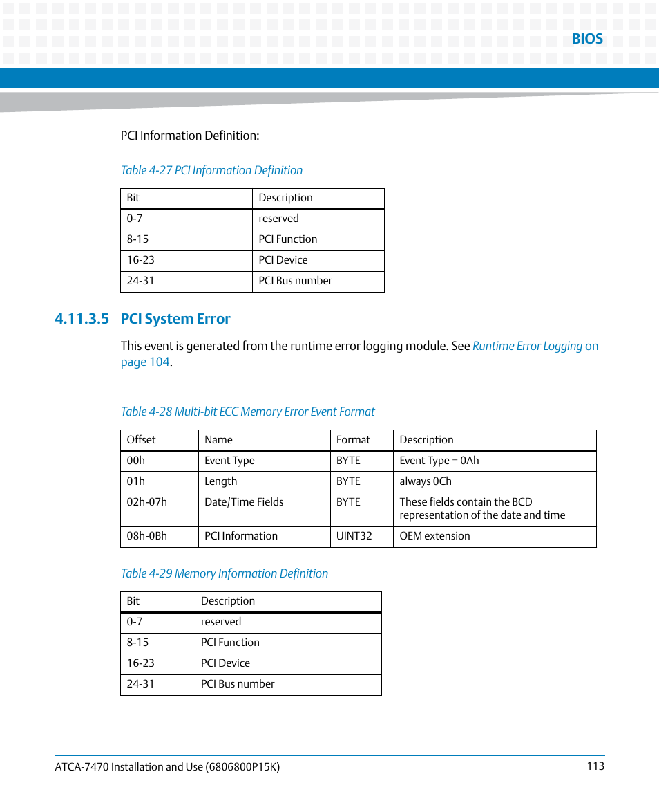 5 pci system error, Table 4-27, Pci information definition | Table 4-28, Multi-bit ecc memory error event format, Table 4-29, Memory information definition, Bios | Artesyn ATCA-7470 Installation and Use (October 2014) User Manual | Page 113 / 284