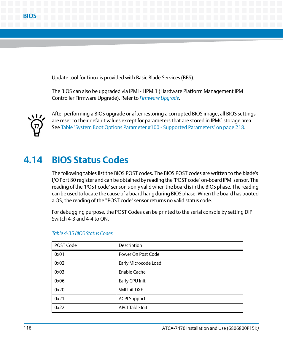 14 bios status codes, Table 4-35, Bios status codes | Bios | Artesyn ATCA-7470 Installation and Use (October 2014) User Manual | Page 116 / 284