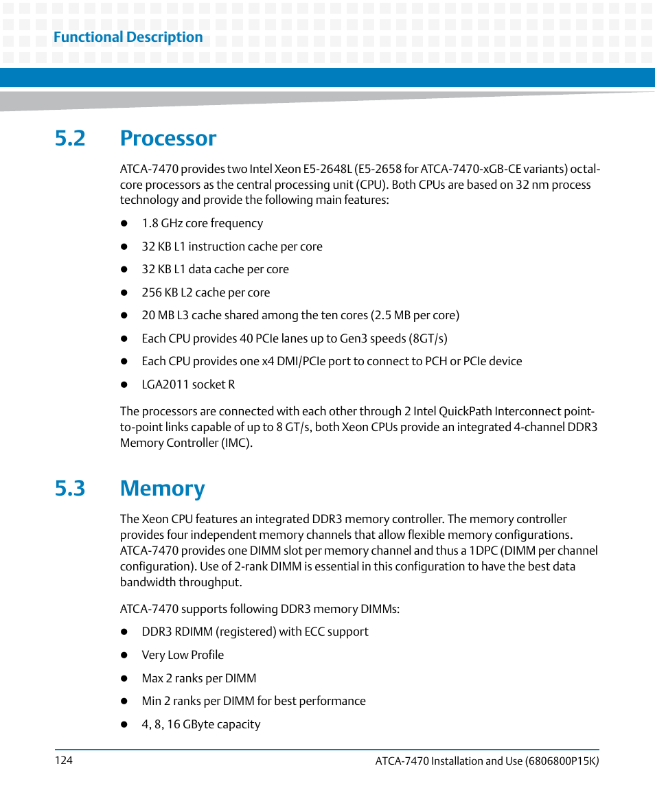 2 processor, 3 memory, 2 processor 5.3 memory | Processor | Artesyn ATCA-7470 Installation and Use (October 2014) User Manual | Page 124 / 284