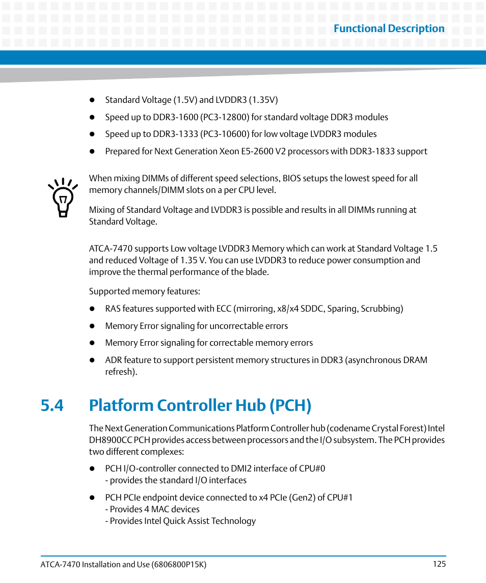 4 platform controller hub (pch), Functional description | Artesyn ATCA-7470 Installation and Use (October 2014) User Manual | Page 125 / 284