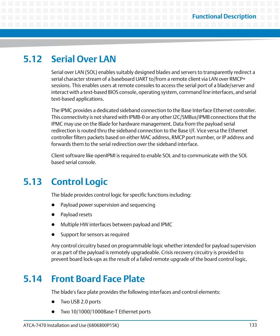 12 serial over lan, 13 control logic, 14 front board face plate | 13 control logic 5.14 front board face plate | Artesyn ATCA-7470 Installation and Use (October 2014) User Manual | Page 133 / 284