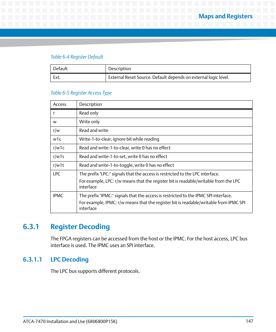 1 register decoding, 1 lpc decoding, Table 6-5 | Register access type, Maps and registers | Artesyn ATCA-7470 Installation and Use (October 2014) User Manual | Page 147 / 284