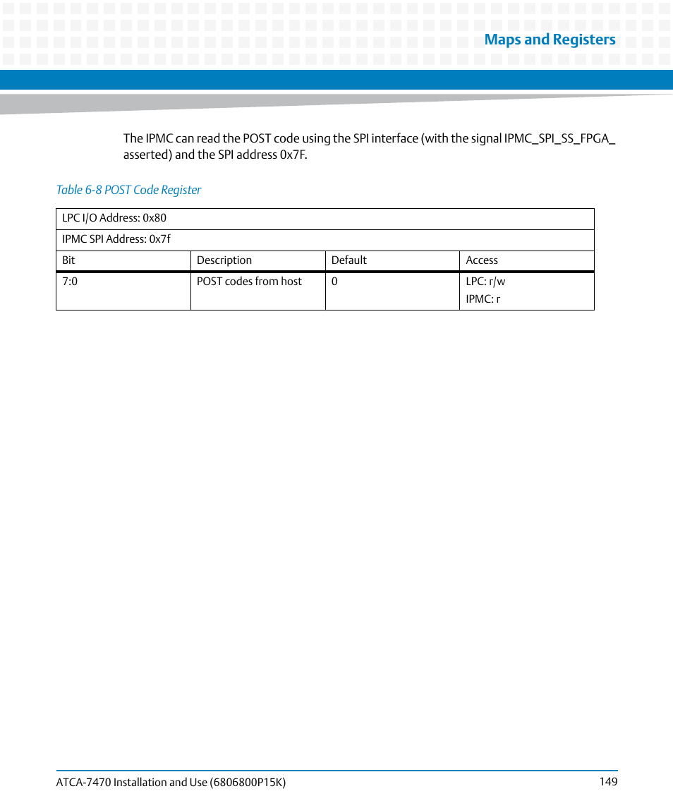 Table 6-8, Post code register, Maps and registers | Artesyn ATCA-7470 Installation and Use (October 2014) User Manual | Page 149 / 284