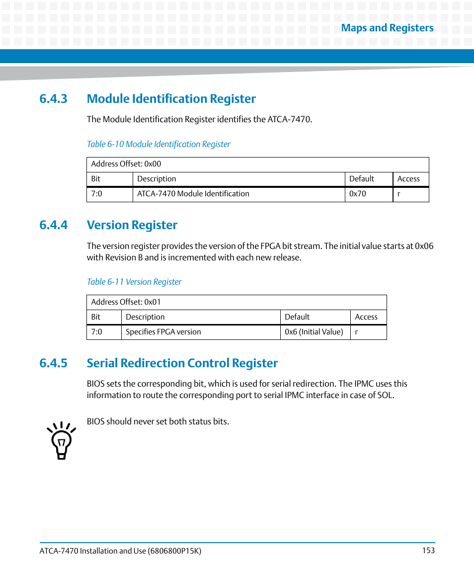 3 module identification register, 4 version register, 5 serial redirection control register | Table 6-10, Module identification register, Table 6-11, Version register, Maps and registers | Artesyn ATCA-7470 Installation and Use (October 2014) User Manual | Page 153 / 284