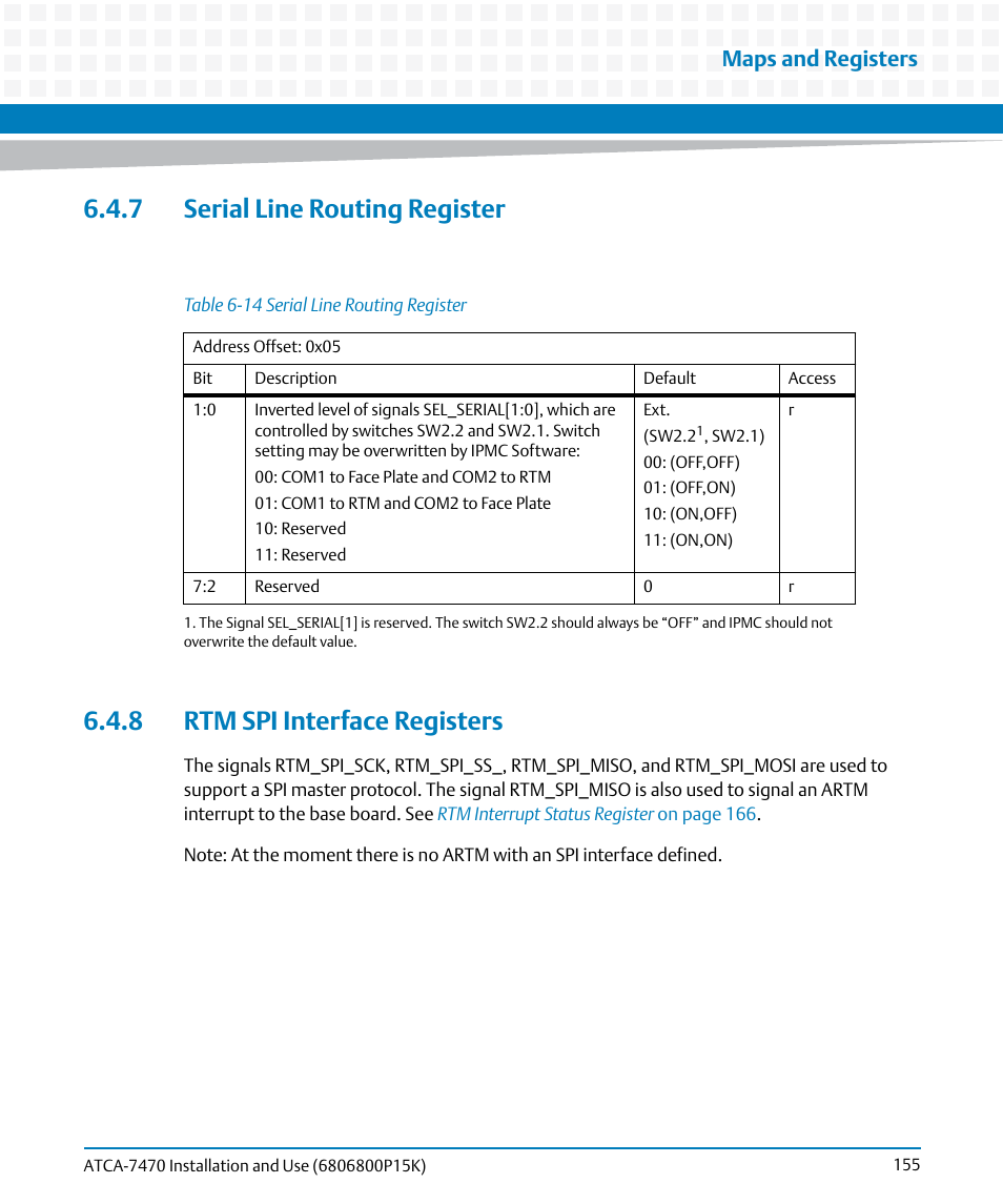 7 serial line routing register, 8 rtm spi interface registers, Table 6-14 | Serial line routing register, Maps and registers | Artesyn ATCA-7470 Installation and Use (October 2014) User Manual | Page 155 / 284