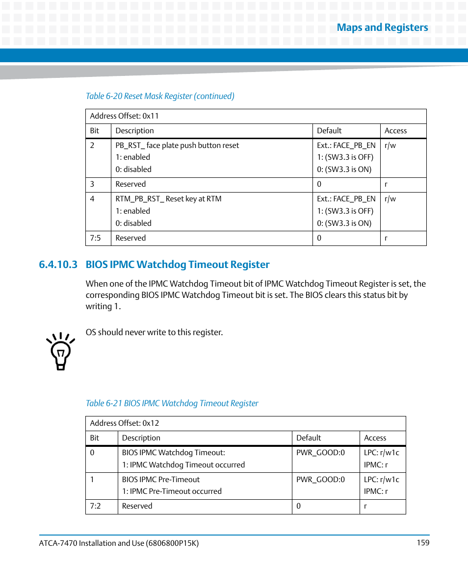 3 bios ipmc watchdog timeout register, Table 6-21, Bios ipmc watchdog timeout register | Maps and registers | Artesyn ATCA-7470 Installation and Use (October 2014) User Manual | Page 159 / 284