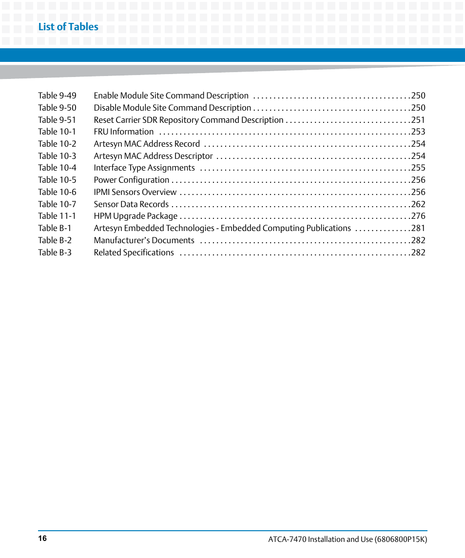List of tables | Artesyn ATCA-7470 Installation and Use (October 2014) User Manual | Page 16 / 284