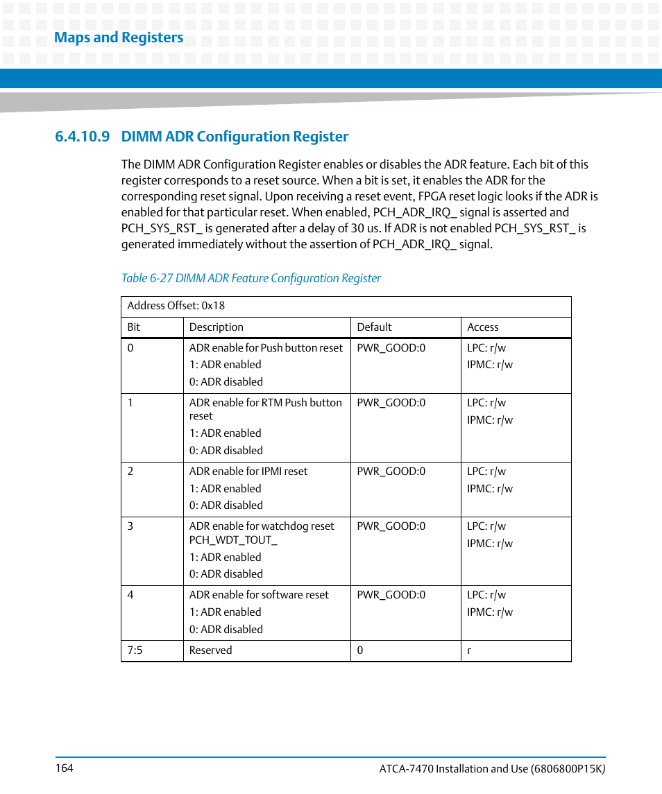9 dimm adr configuration register, Table 6-27, Dimm adr feature configuration register | Maps and registers | Artesyn ATCA-7470 Installation and Use (October 2014) User Manual | Page 164 / 284