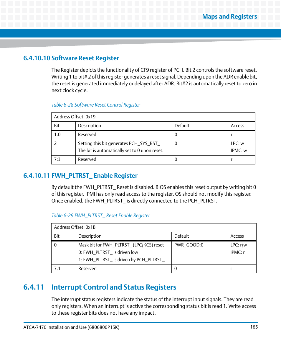 10 software reset register, 11 fwh_pltrst_ enable register, 11 interrupt control and status registers | Table 6-28, Software reset control register, Table 6-29, Fwh_pltrst_ reset enable register, Maps and registers | Artesyn ATCA-7470 Installation and Use (October 2014) User Manual | Page 165 / 284