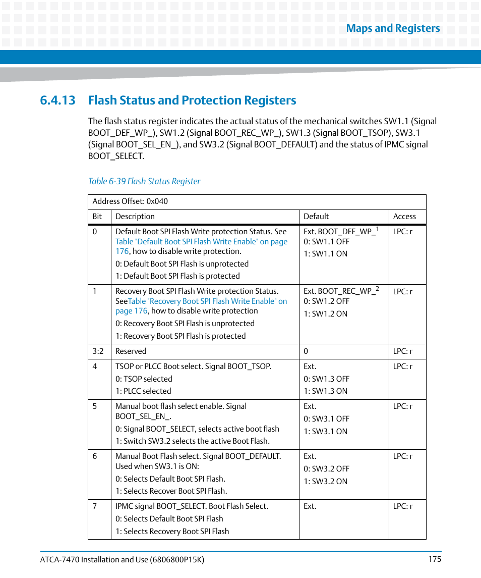 13 flash status and protection registers, Table 6-39, Flash status register | Maps and registers | Artesyn ATCA-7470 Installation and Use (October 2014) User Manual | Page 175 / 284