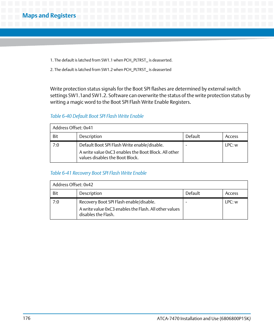 Table 6-40, Default boot spi flash write enable, Table 6-41 | Recovery boot spi flash write enable, Table "recovery boot spi flash write enable" on, Maps and registers | Artesyn ATCA-7470 Installation and Use (October 2014) User Manual | Page 176 / 284
